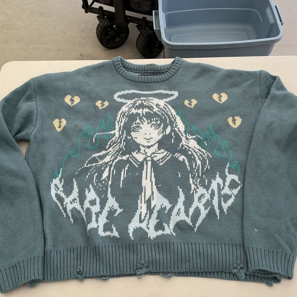 PacSun Medium Distressed Knit Sweater Angel Graphic Grunge Y2K Goth Blue M